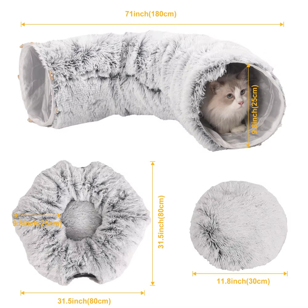 Plush Pets Cat Kennel Gray Foldable round Cats Nest Crossing Tunnel Bed Winter Warm Collapsible Basket Cushion Mat Pet Supplies